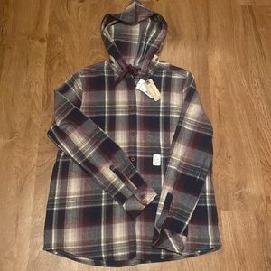 NEW Plaid Hooded Flannel Shacket Button Down Shirt Women’s Med Purple Plaid Top